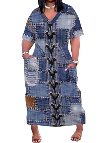 Image of SUZONANA Plus Size Denim Print Maxi Dresses for Women Casual V Neck Short Sleeve with Pockets Soft Jean Look Dress XL-6XL