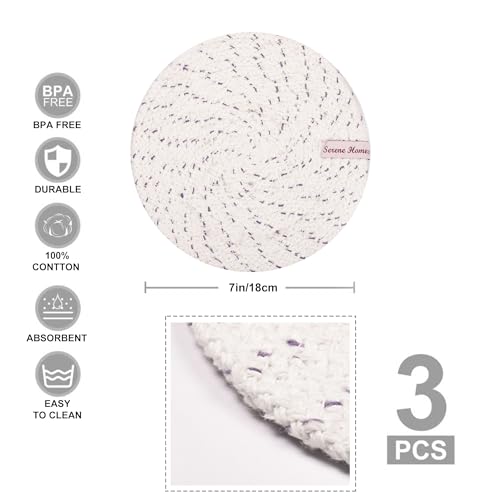 Image of SereneHomes Round Cotton Trivets for Hot Pots - Dining Table Accessories | Heat Resistant Pads & Kitchen Slab Mats | Set of 3 Fancy Kitchen Coasters (Lavender, 18 cm)
