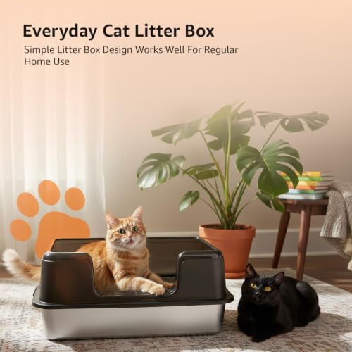 Image of Amazon Basics Stainless Steel Cat Litter Box with Elevated Anti-Splash PP Guard | Black | Open-Top Easy-Clean Litter Tray for Cats | 50.1L x 35.4W x 24.8H cm