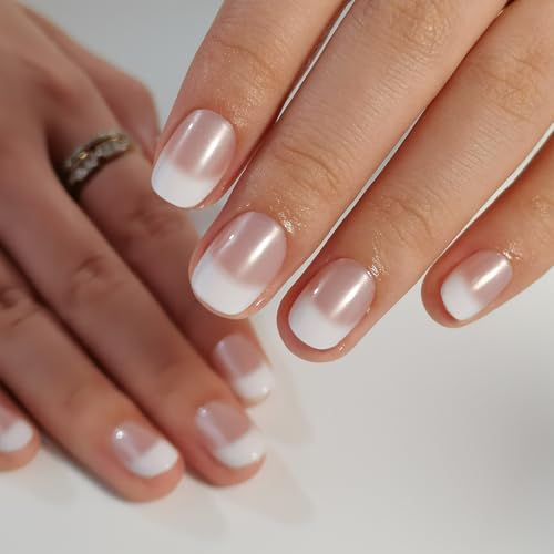 Image of CurvLife Press on Nails French Extra Short Square Acrylic Fake Nails with Apricot Design Full Cover False Nails Glossy Nude Artificial Stick on Nails for Women
