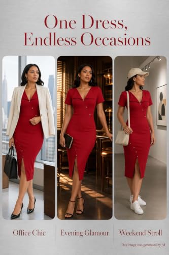 Image of Fooullaide Women's Sexy Bodycon Mid Dress Stretch Short Sleeve V Neck Cocktail Party Dresses