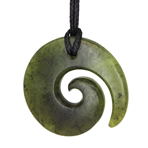 Ina & Co 100% New Zealand Jade Necklace for Men and Women, Hand Carved Maori Pendant With Black Adjustable Cord, Pounamu Green Stone Necklace, Koru Design Nephrite 1.3in (32mm)