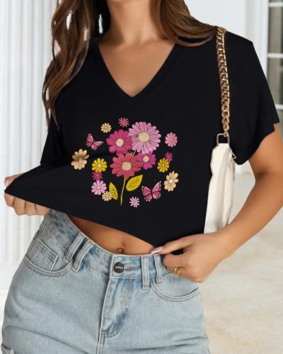 Image of Womens Crop Tops Short Sleeve V Neck Summer Cropped T Shirts Baisc Tees