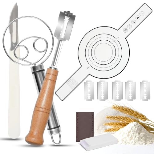 RNHDLY Bäckermesser 4er Set, Bäckerklinge, Teigmesser, Dänischer Schneebesen und Bread Baking Mat, Brot Einschneidemesser Set für DIY Brotteig Muster Ritzmesser Einschneiden