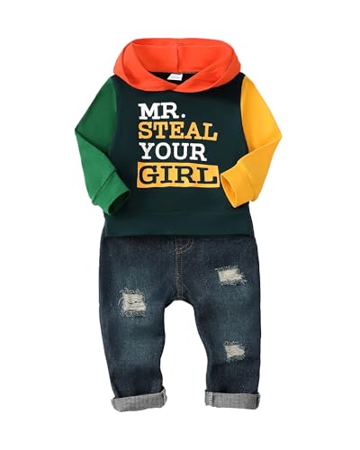 Image of NZRVAWS Toddler Baby Boy Clothes Infant Hoodie Green Yellow Letter Print Sweatshirt Denim Ripped Jeans Pants Outfit Set Kids Sweatsuit Fall Winter 12 18 Months