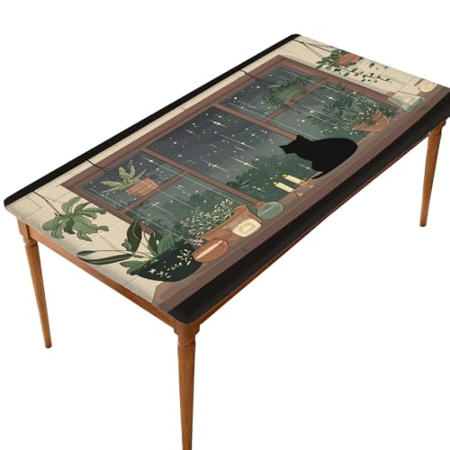 Helhappy Waterproof Rectangle Table Cloth, Black Cat Witchy Cottage Window