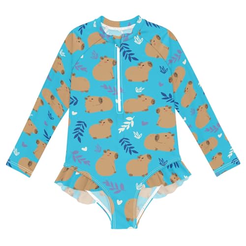 Blue Cute Capybara Girls Long Sleeve Swimsuit Rash Guard One Piece Bathing Suits Zipper 3-12T