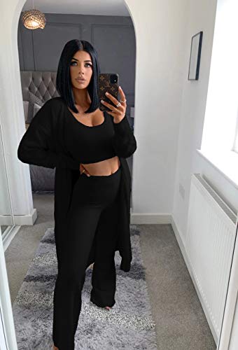 Image of Fixmatti Women's Fuzzy 3 Piece Sweatsuit Open Front Cardigan Crop Tank Tops Wide Legs Pants Lounge Sets