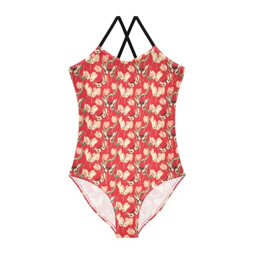 senya Girls Swimsuits One-Piece Swimwear Tie Bathing Suit Beach Summer Round Neck 9-10T Red Background Tulip Butterfly Pattern
