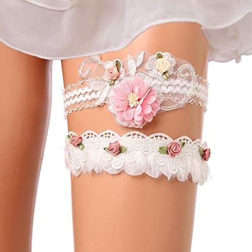 Hermoli Bride Wedding Garter Two Sets White Pink Elastic Flower Pearl Lace Thigh Garter Leg Accessories Bride Bridesmaid #TOP5