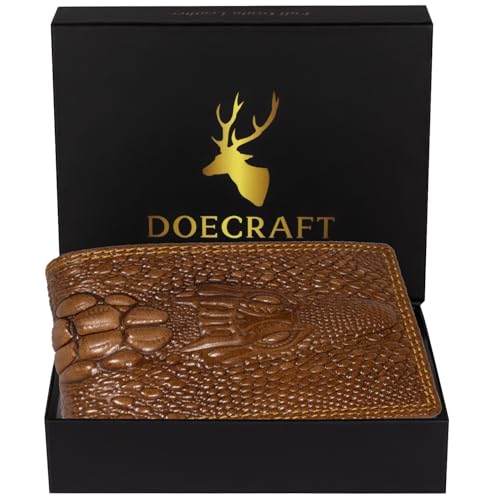 Image of Men's Top Grain Leather Wallet with Crocodile 3D Print | 8 Card Slots Bifold Wallet | RFID Protected (Tan)