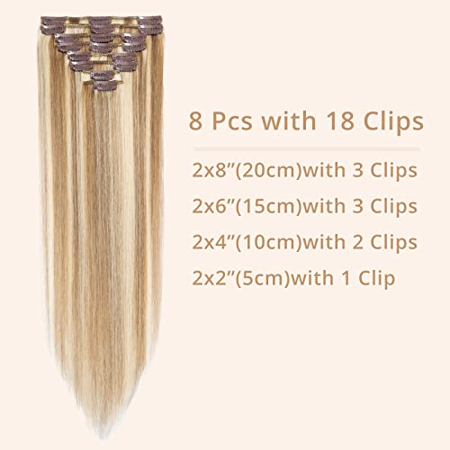 TESS Clip in Hair Extensions Real Human Hair Highlighted Remy Seamless 8 Pieces Straight Short for Women/Girls (#12P613 Golden Brown & Bleach Blonde - Image 4