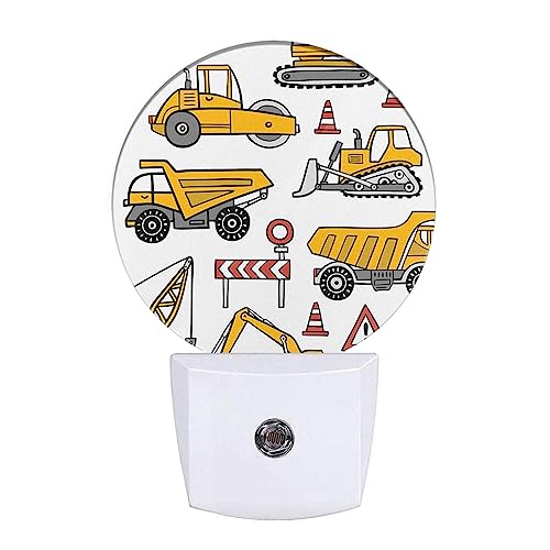 Image of Yellow Cars Night Lights Plug into Wall Building Machine Road Truck 0.5W LED Lighting Auto on /Off for Boys Men Bedroom Bathroom Decorative Night Light