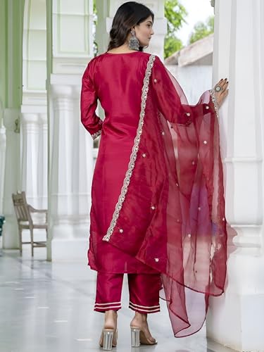 Image of LookMark Women's Viscose Rayon Trendy Regular Fit Embroidery Kurti with Bottom & Dupatta|Kurti Set for Women