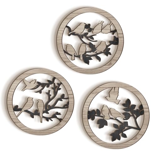 3 Pcs Bird Wall Decor Bird on Tree Branch Farmhouse Wall Decor 9.8 Inch Rustic Wood Art Sculpture Hanging for Living Room Kitchen Home Outdoor Bedroom Bathroom Office