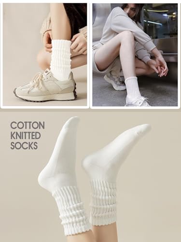 Image of 6 Pairs Women Slouch Socks, Mid Calf Rib Tube Scrunchy Slouchy Crew Socks for Women, Cotton Casual Socks