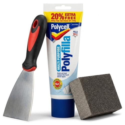 Polycell Polyfilla Multi Purpose Ready Mixed Wall Filler 396g Tube with 3 Professional Scraper & Flexible Sanding Block Complete Wall Repair Kit