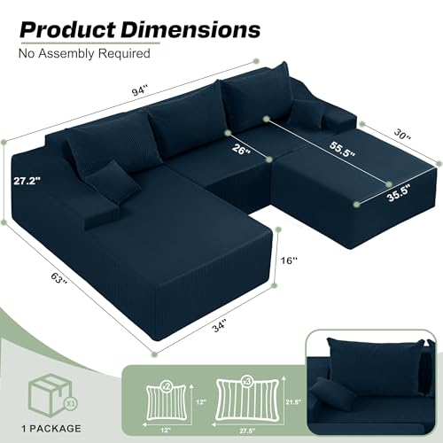 Image of HABUTWAY 94 inch U Shaped Modular Sectional Couch for Living Room, Modular Cloud Sofa with Ottoman, No Assembly Boneless Couches with Deep Seat, Corduroy Fabric (Blue, Left Facing)