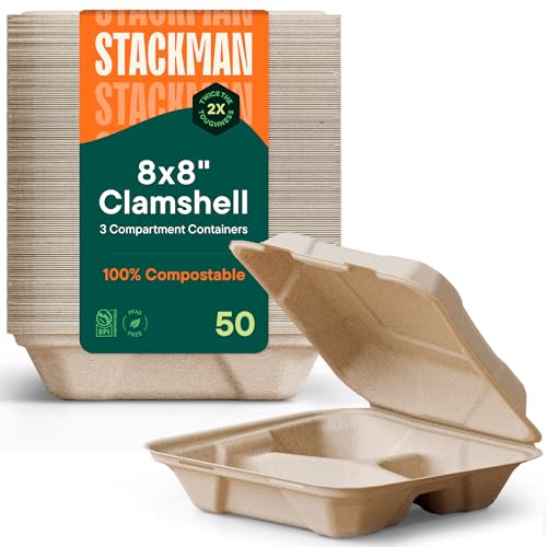 100% Compostable Clamshell Take Out Food Containers [8X8" 3-Compartment 50-Pack] Heavy-Duty Quality to go Containers, Natural Disposable Bagasse, Eco-Friendly Biodegradable Made of Sugar Cane Fibers by Stack Man - Used condition - US$19.65