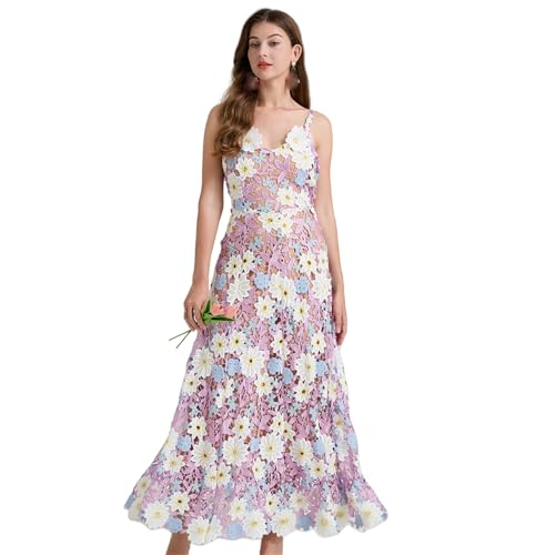 Robe d'été bicolore en dentelle évasée et brodée à bretelles