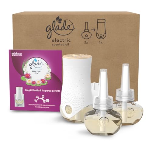 Glade Liquide électrique Parfumeur pour l'environnement avec huiles essentielles, parfum relaxant zen, 1 diffuseur et 3 recharges