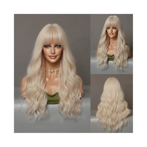 Perruque cheveux humains platinum longue et bouclée avec frange air pour femme