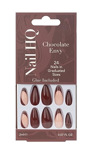 Nail HQ Press On Nails - Almond Chocolate Envy Nails, 24 Durable Glossy Finish False Nails for Salon-Quality Manicure at Home