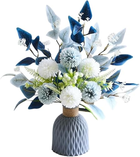 BDHD 枯れない造花デイジー 人工植物 花瓶付き 装飾品 インテリア おしゃれ ギフト リビングルーム 玄関 レストラン 誕生日プレゼント 花束 美術館 北欧 フラワーアレンジメント オフィス ラナンキュラス 生花 造花セット (ブルー1,セラミック花瓶