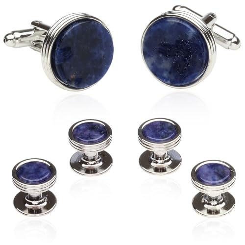 Blue Sodalite Tuxedo Shirt Cufflinks Studs Formal Set for Men with Travel Gift Box Lapis Lazuli Blue Cufflinks and Studs