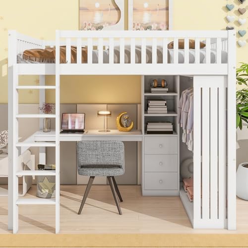 Idemon Cama alta, escritorio, armario, 3 cajones, espacio de almacenamiento abierto, barandilla, escalera, sin colchón, blanco (140 x 200 cm)