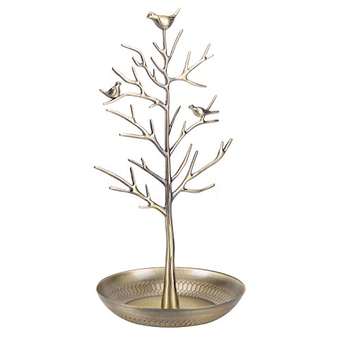 Chezmax Jewelry Display Necklace Earring Organizer Holder Metal Birds Tree Stand With Tray Antique Bracelet Rings Rack Tower Decoration For Women Girl Gold 11.8 Inch #TOP1