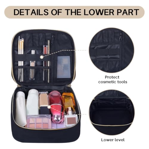 Double Layer Makeup Bag Portable Large Cosmetic Case Organizer with Adjustable Dividers Storage Travel Bag for Accessories Brushes Conditioner and Skin Care Products (Black)4