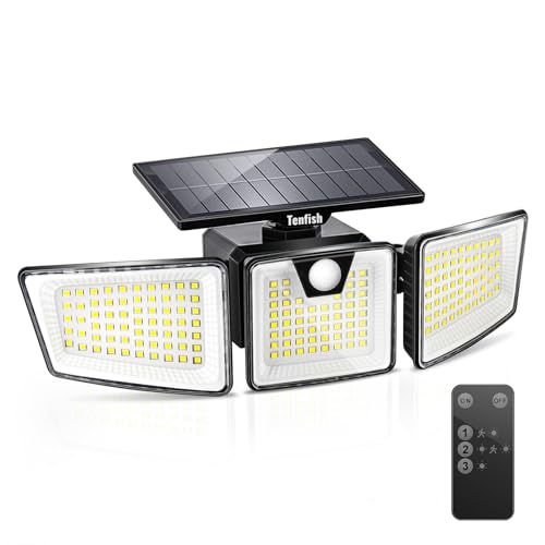 TENFISH Solar Outdoor Lights with 3 Modes Remote Control, IP65 Waterproof Super Bright LED Security Lights Motion Sensor Flood Wall Lights (1 Pack)