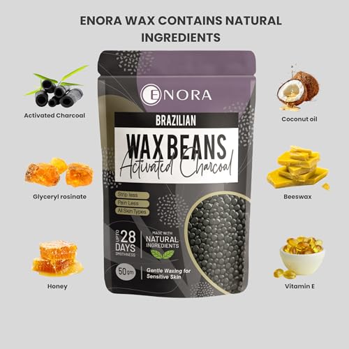 Image of ENORA Brazilian Stripless Wax Beans for Women (50g) | With Wooden Spatula | Natural | For Face, Chin, Hairline, Bikini Area & Full Body Hair Removal (50 Gram, Activated Charcoal)
