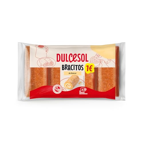 Dulcesol - Bracitos de Azúcar - Bizcochos Enrollados Rellenos de Crema con Cobertura de Azúcar, Elaborados con Huevos de Gallinas Sueltas, Pack de 4 Unidades en Envases Individuales - Bolsa 180g