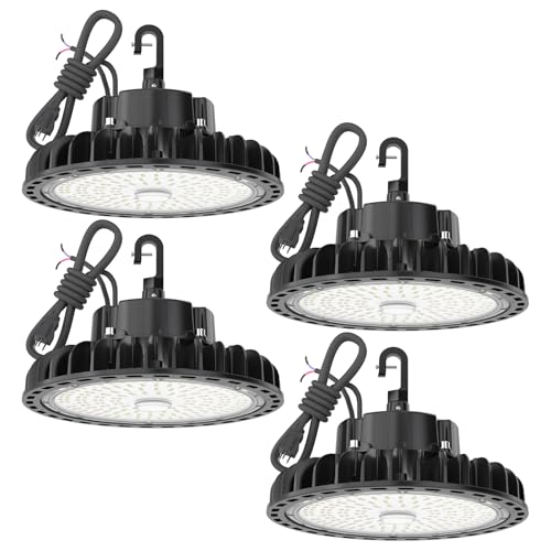 Image of HYPERLITE 4Pack LED UFO High Bay Lights 100W 14,500LM (145lm /w) 5000K 1-10V Dimmable 5' Cable with 110V Plug Hanging Hook Safe Rope UL Listed for Barn Workshop Warehouse Residential