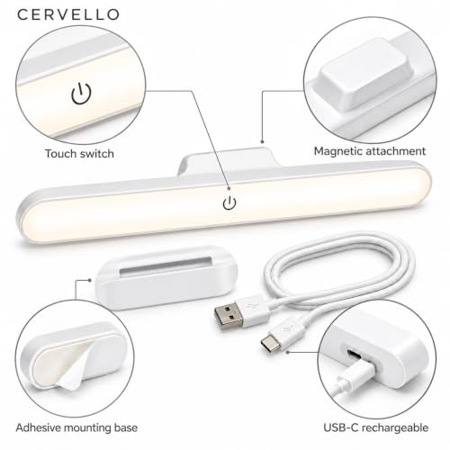 Image of CERVELLO USB Rechargeable LED Light Bar, 30 cm Dimmable Lamp with Detachable Magnetic Base, Touch Operation and Light Modes for Makeup, Reading, Cabinets and Closets