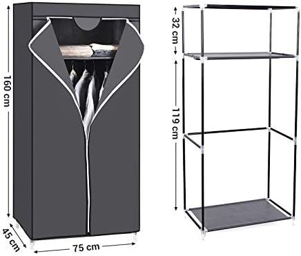 SONGMICS Fabric Wardrobe, Foldable Closet with Hanging Rail, Single Clothes Rack, Storage Organiser for Bags, Toys, Shoes, Living Room, Bedroom, Cloakroom, 75 x 45 x 160 cm, Grey RYG83GY