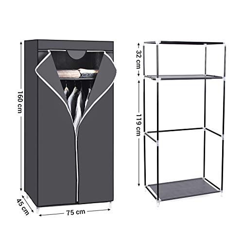 SONGMICS Kleiderschrank aus Stoff, zusammenklappbar, mit Kleiderstange, einfacher Kleiderschrank, Organizer für Spielzeug, Schuhe, Taschen, Wohnzimmer, Schlafzimmer, Garderobe, 75 x 45 x 160 cm, Grau
