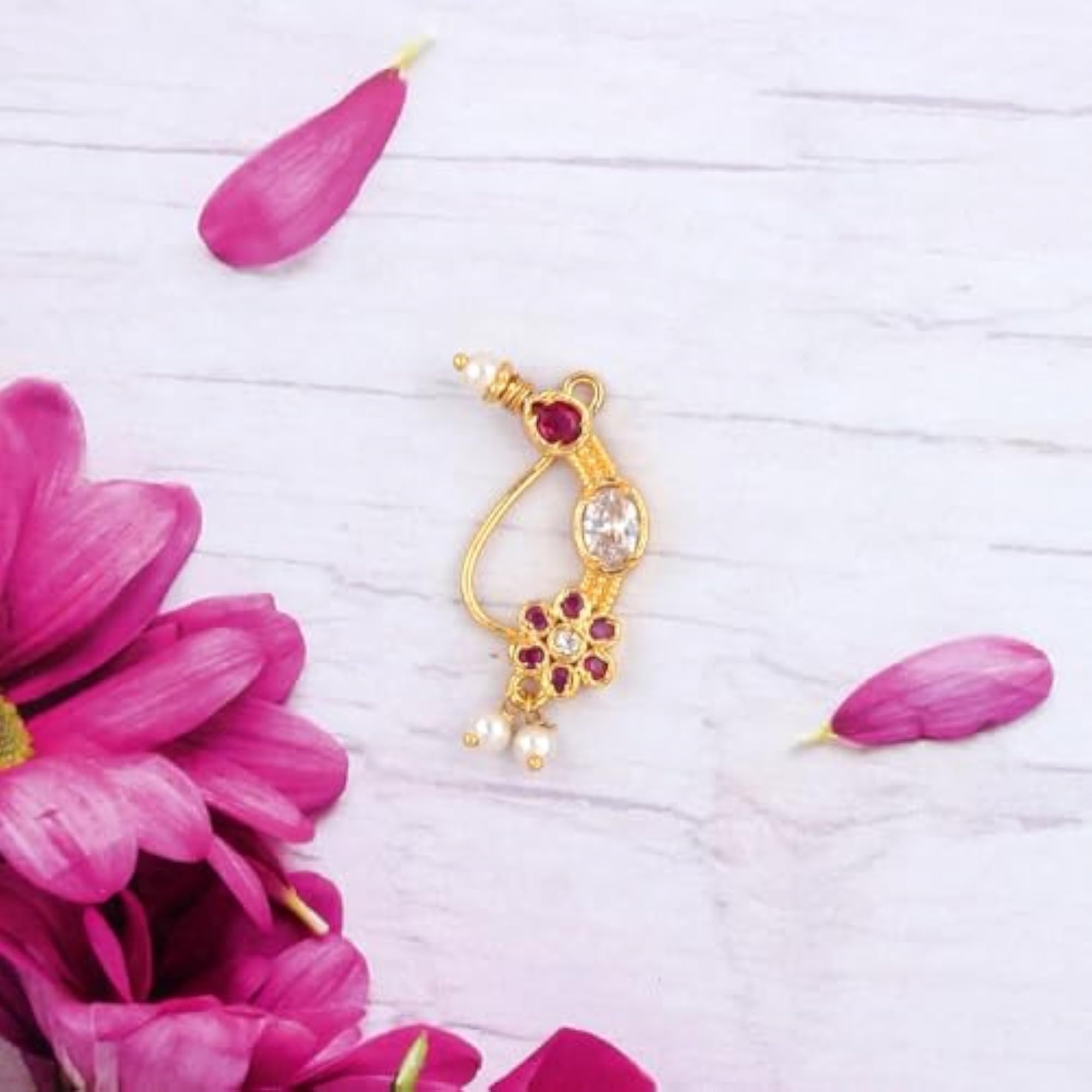 Women's Golden Finish Pink & White Stone Piercing Nath
