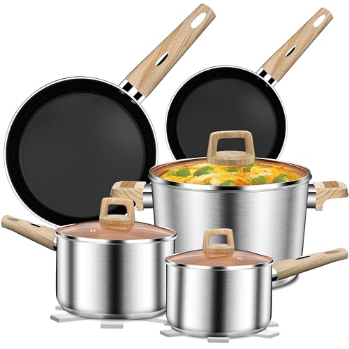 13-Piece Stainless Steel Cookware Set with Nonstick Frying Pans, Sauce Pots & Stock Pot, Heavy Duty Pots and Pans Set, Induction Cookware, Easy to Clean