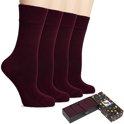Image of Hugh Ugoli Women's Rayon Thin Crew Socks for Dress Business & Trouser, Seamless Toe, 4 Pairs in Gift Box, Burgundy, Shoe Size: 5-8