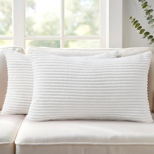 Image of Mecatny Corduroy Fall Decorative Throw Pillow Covers 12x20 Set of 2 for Sofa Living Room, Soft Neutral Boho Couch Pillow Covers for Home Decor, White