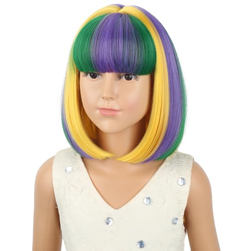 Image of PATTNIUM Mardi Gras Colored Bob Wig for Kids Girls Purple Green and Yellow Short Blue Straight Wig with Bangs Cosplay Party Synthetic Rose Net Daily Wear Wig