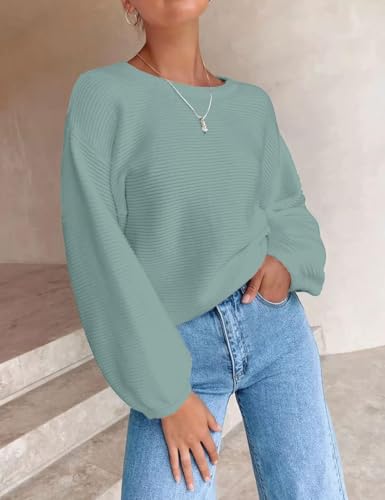 Image of ZESICA Women's Crew Neck Long Lantern Sleeve Fall 2026 Casual Loose Ribbed Knit Solid Soft Pullover Sweater Tops