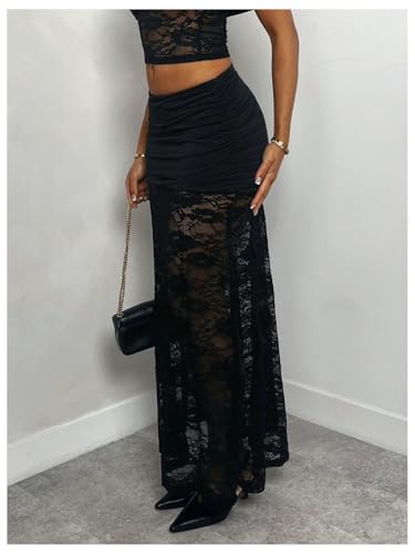 Women's Lace Maxi Skirts Y2k Ruched Sheer Mesh Drop Waist Long Skirt3