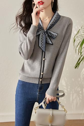 LAI MENG FIVE CATS Women's Vintage Tie Neck Sweater Knit Shirt Long Sleeve Tunic Pullover Blouse Tops4