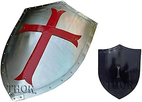 Medieval Battle 16-Inch Decorative Wall Shield, Red Cross Design, Silver Metal Finish (Battle Armor Shield Metal)