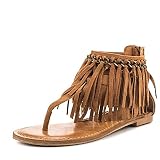 YDN Women Flip Flops Sandals Fringes Thong Flats Shoes Suede Tassels Metal Chain Brown 13