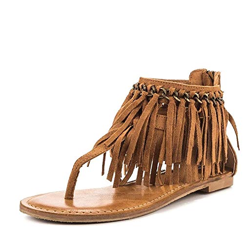 Ydn Women Flip Flops Sandals Fringes Thong Flats Shoes Suede Tassels Metal Chain Brown 13 #TOP14